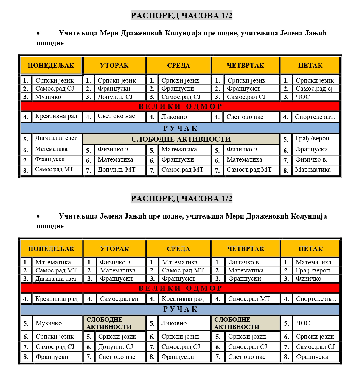 Raspored casova - odeljenje 1-2